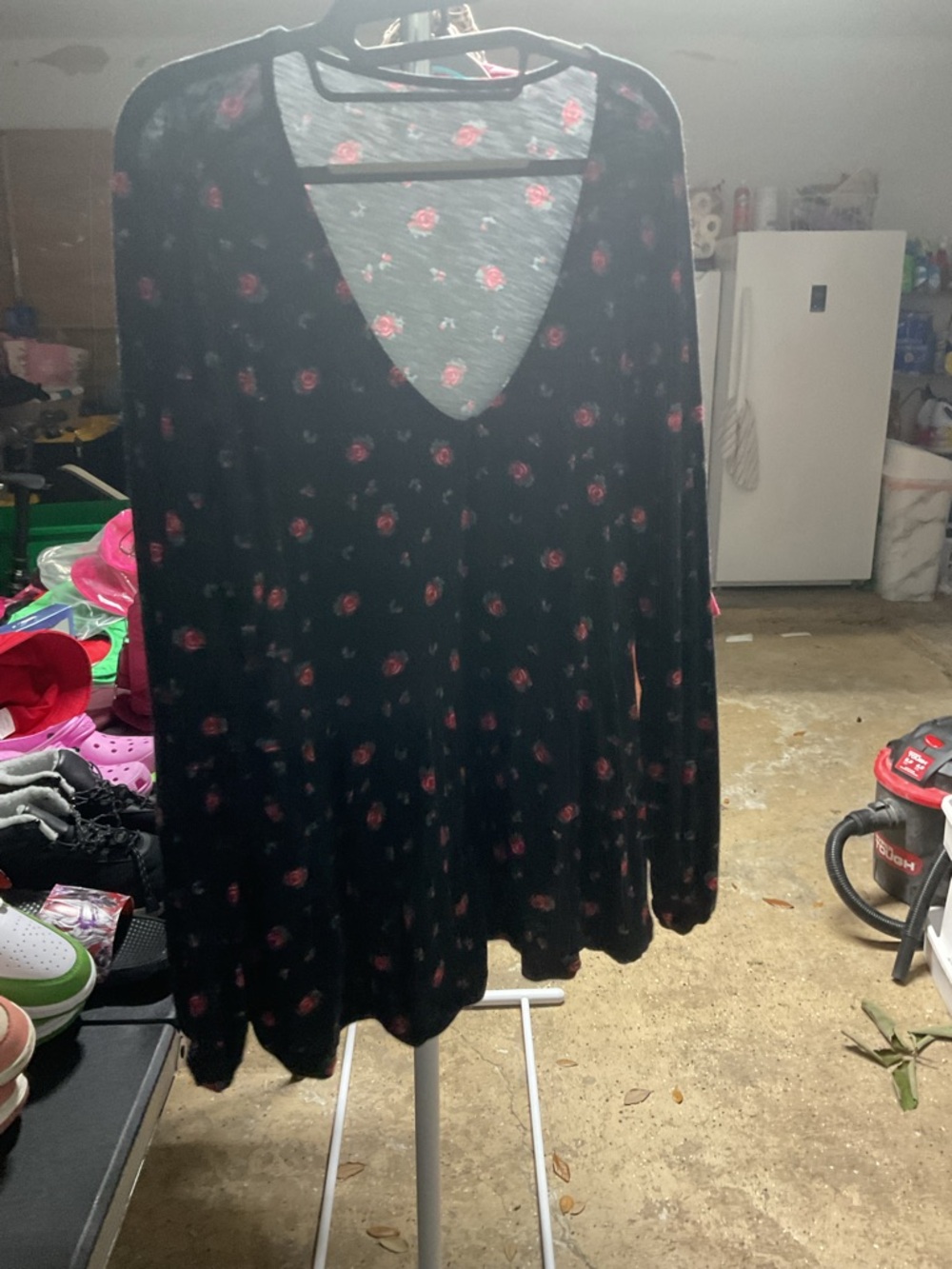 torrid Black Long Sleeve V-Neck Top with Pink Rose Print